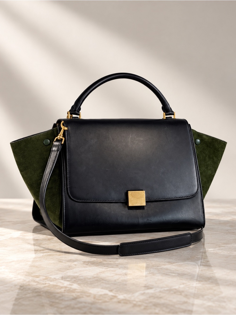 CELINE Black Leather & Green Suede Structured Top-Handle Satchel with Strap